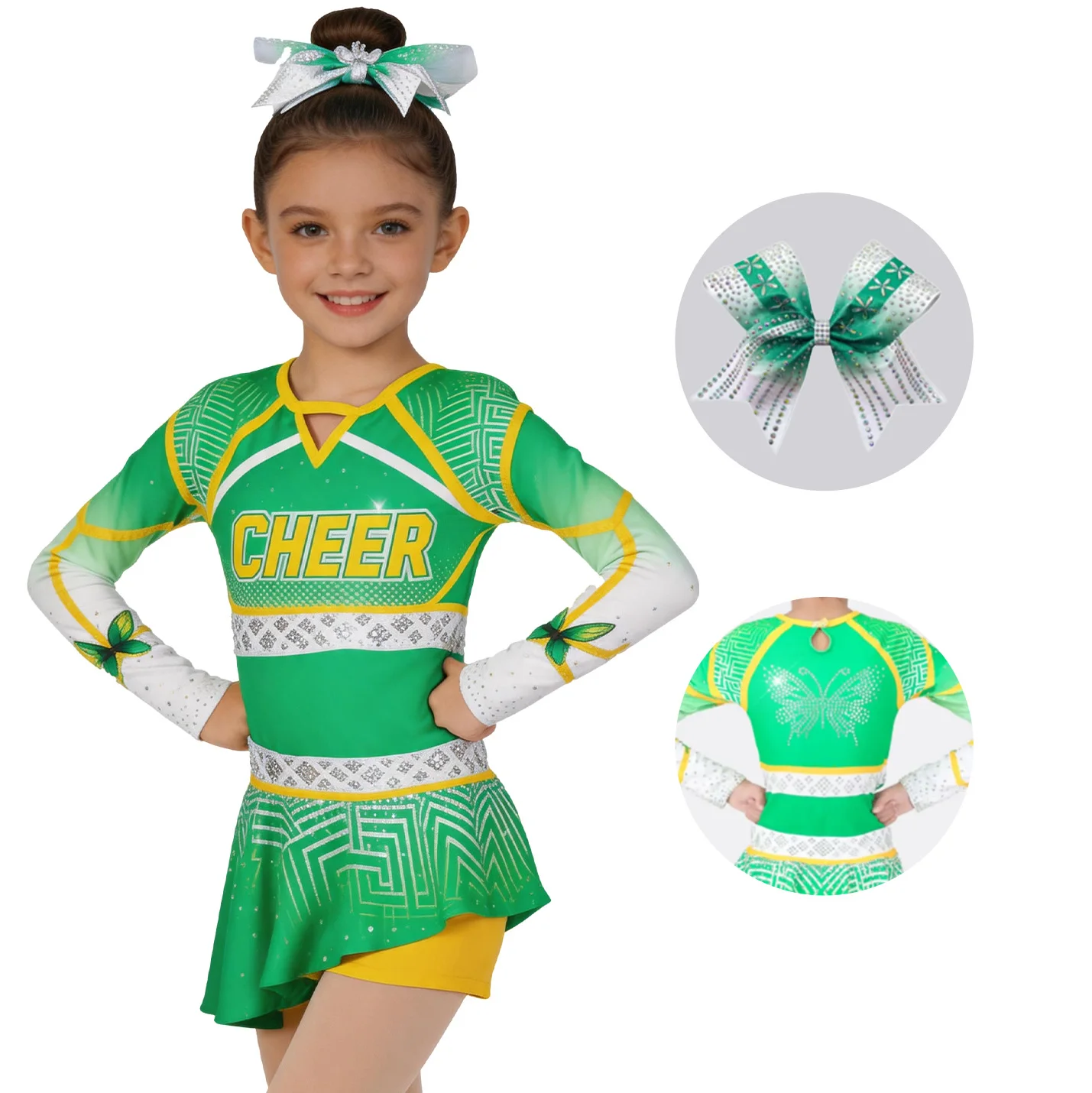 Green Ombre Cheerleading Uniform Set Girls Sparkly Rhinestone Butterfly Long Sleeve Outfit with Bow Kids Performance Dacne Wear
Green Ombre Cheerleading Uniform Set Girls Sparkly Rhinestone Butterfly Long Sleeve Outfit with Bow Kids Performance Dacne Wear