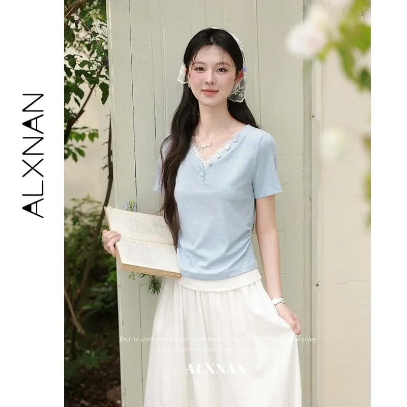ALXNAN Short Sleeve T-shirt V-neck Lace Trim Fake Two Piece Light Blue Summer Slim Fit Korean Casual Women 2026 New Tops L65706
ALXNAN Short Sleeve T-shirt V-neck Lace Trim Fake Two Piece Light Blue Summer Slim Fit Korean Casual Women 2026 New Tops L65706