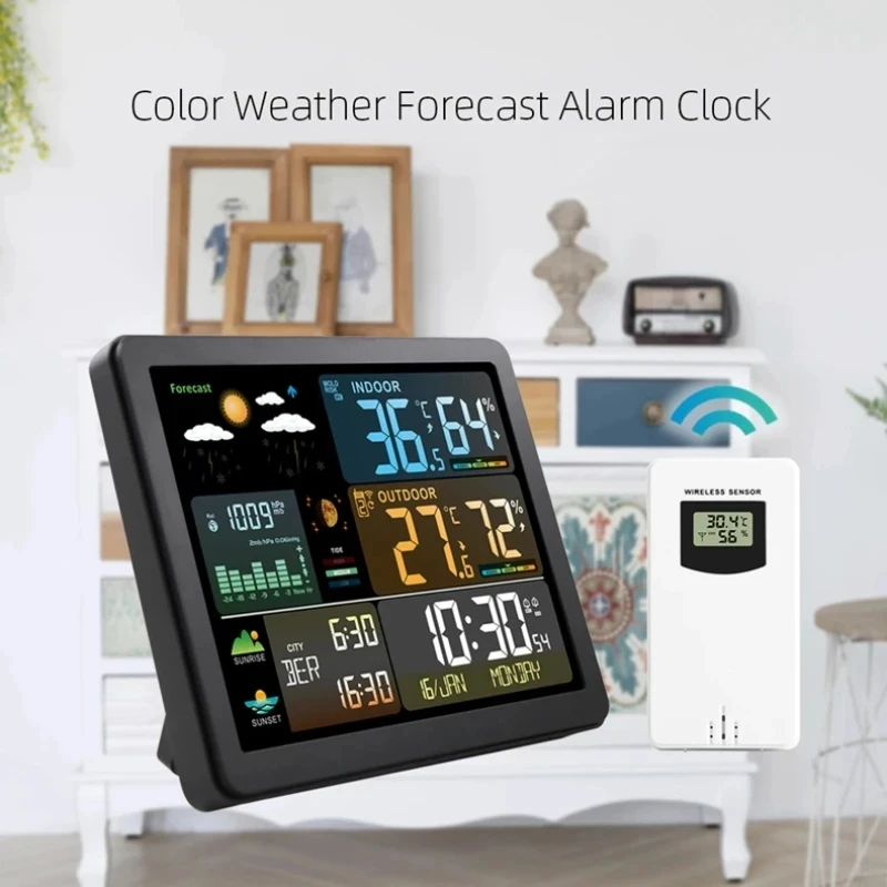 Wireless weather station clock with moon phase and sunrise/sunset, indoor/outdoor temperature and humidity, Supports 1-3 sensors
Wireless weather station clock with moon phase and sunrise/sunset, indoor/outdoor temperature and humidity, Supports 1-3 sensors