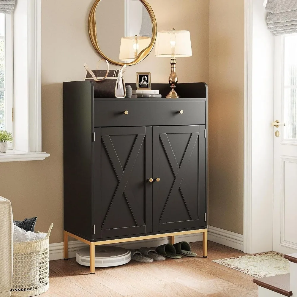Black Shoe Cabinet with Doors, 4-Tier Modern Entry Shoe Storage Cabinet with Large Drawer, Wooden Entryway Organizer with Metal
Black Shoe Cabinet with Doors, 4-Tier Modern Entry Shoe Storage Cabinet with Large Drawer, Wooden Entryway Organizer with Metal