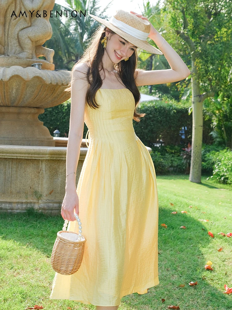 French Elegant Sweet Sleeveless Slim Dress for Women Sexy Backless Strapless Mid-calf Dresses Summer New Graceful Sexy Dress
French Elegant Sweet Sleeveless Slim Dress for Women Sexy Backless Strapless Mid-calf Dresses Summer New Graceful Sexy Dress