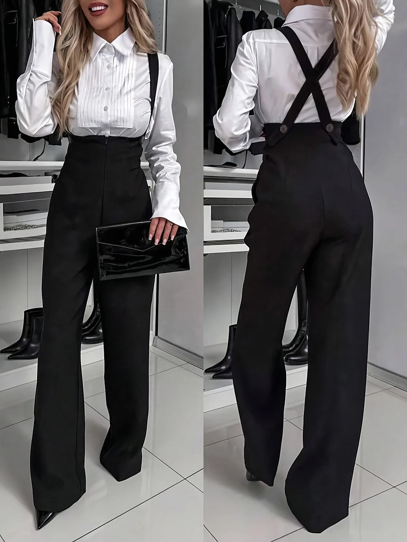 Женский осенний элегантный комбинезон с широкими штанинами, однотонный, на пуговицах, с перекрестными бретелями на спине, простой и стильный для повседневной носки.
Женский осенний элегантный комбинезон с широкими штанинами, однотонный, на пуговицах, с перекрестными бретелями на спине, простой и стильный для повседневной носки.