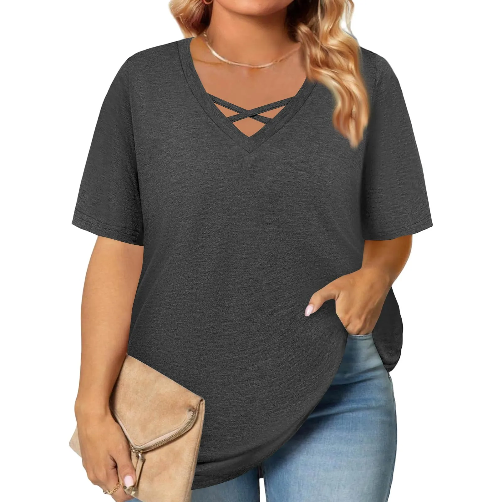 Women'S Casual Knitted V-Neck Solid Color Short Sleeve T-Shirt Elastic Loose Comfortable Large Size Summer Clothing Famale
Women'S Casual Knitted V-Neck Solid Color Short Sleeve T-Shirt Elastic Loose Comfortable Large Size Summer Clothing Famale