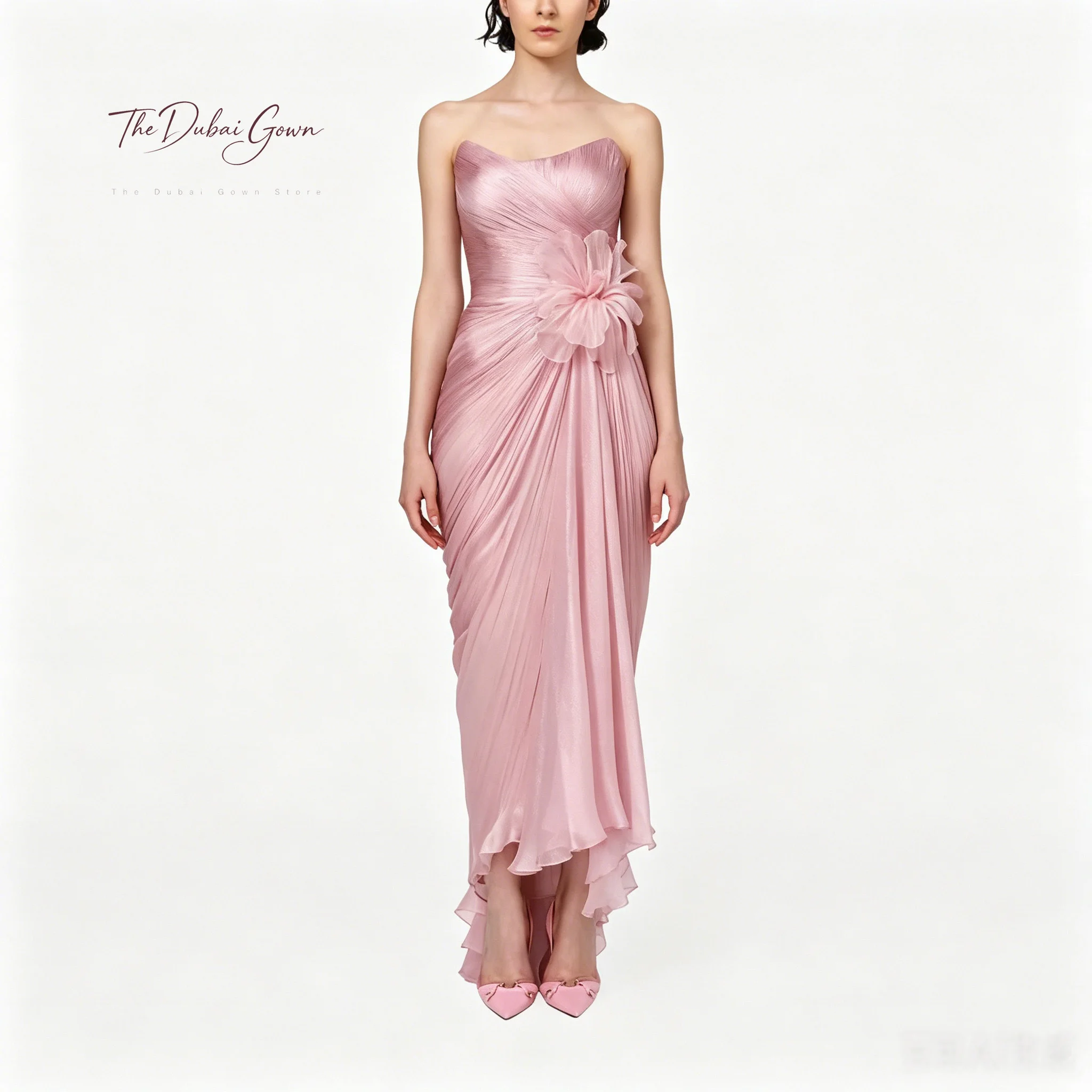 Pink Strapless Sleeveless Floor-Length Gown Formal Occasion Prom Dress featuring an Asymmetrical Hem and Waist Appliqué Design
Pink Strapless Sleeveless Floor-Length Gown Formal Occasion Prom Dress featuring an Asymmetrical Hem and Waist Appliqué Design