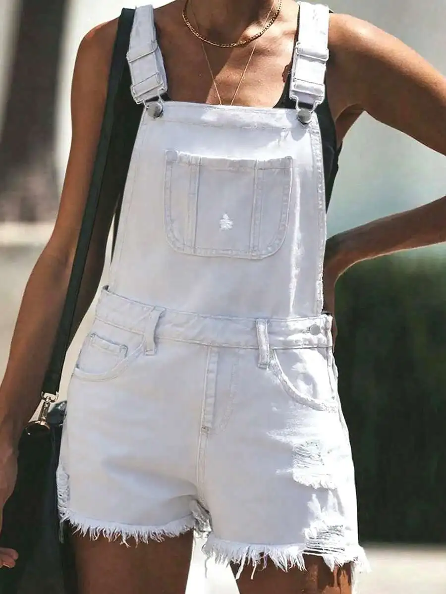 Womens White Distressed Denim Bib Shorts With Frayed Hem Casual Summer
Womens White Distressed Denim Bib Shorts With Frayed Hem Casual Summer