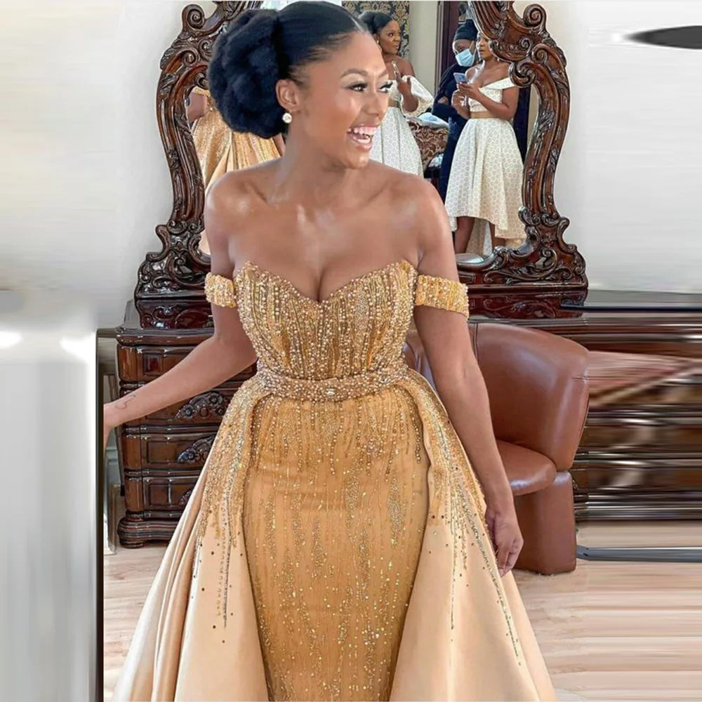 Gold Evening Dress Off The Shoulder Sleeveless Long Party Dresses For Women Detachable Train Beading Sweep Train Gown
Gold Evening Dress Off The Shoulder Sleeveless Long Party Dresses For Women Detachable Train Beading Sweep Train Gown