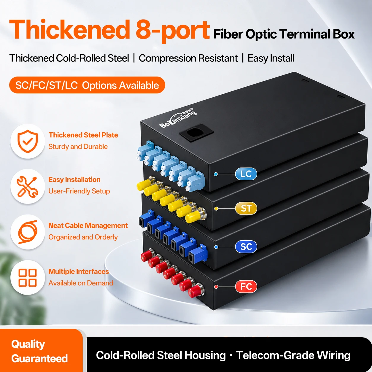 BYXGD 8 Port Fiber Optic Terminal Box, Anti-Fingerprint Baked Coating, Empty/Fully Loaded SC FC ST LC, Telecom Grade FTTH Box
BYXGD 8 Port Fiber Optic Terminal Box, Anti-Fingerprint Baked Coating, Empty/Fully Loaded SC FC ST LC, Telecom Grade FTTH Box