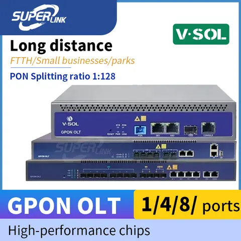 VSOL GPON OLT 1Ports 4ports 8ports  SFP modules uplink compatibleMax splitting ratio1:128 ONU ONT 10Gsupports WEB management