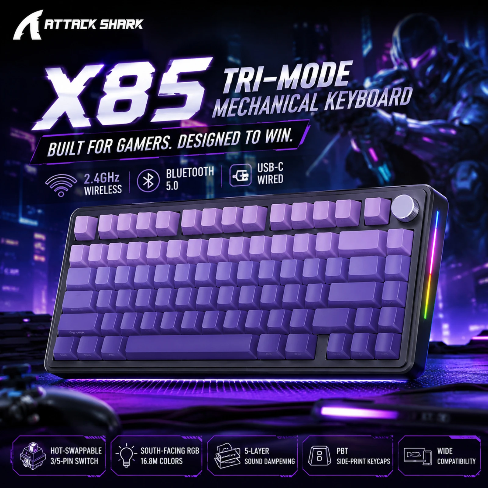 Attack Shark X85 Tri-Mode Wireless Mechanical Keyboard RGB, Metal Knobs Full-Key Hot-Swappable, Bluetooth/2.4G/Wired for Windows
Attack Shark X85 Tri-Mode Wireless Mechanical Keyboard RGB, Metal Knobs Full-Key Hot-Swappable, Bluetooth/2.4G/Wired for Windows