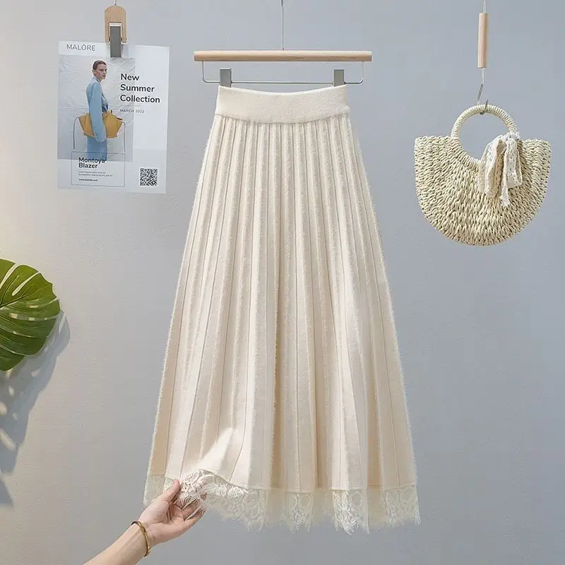 Korean Fashion Autumn/Winter New Women's Solid Elastic High Waist Lace Patchwork Slim Mid-length A-line Knitted Pleated Skirt
Korean Fashion Autumn/Winter New Women's Solid Elastic High Waist Lace Patchwork Slim Mid-length A-line Knitted Pleated Skirt
