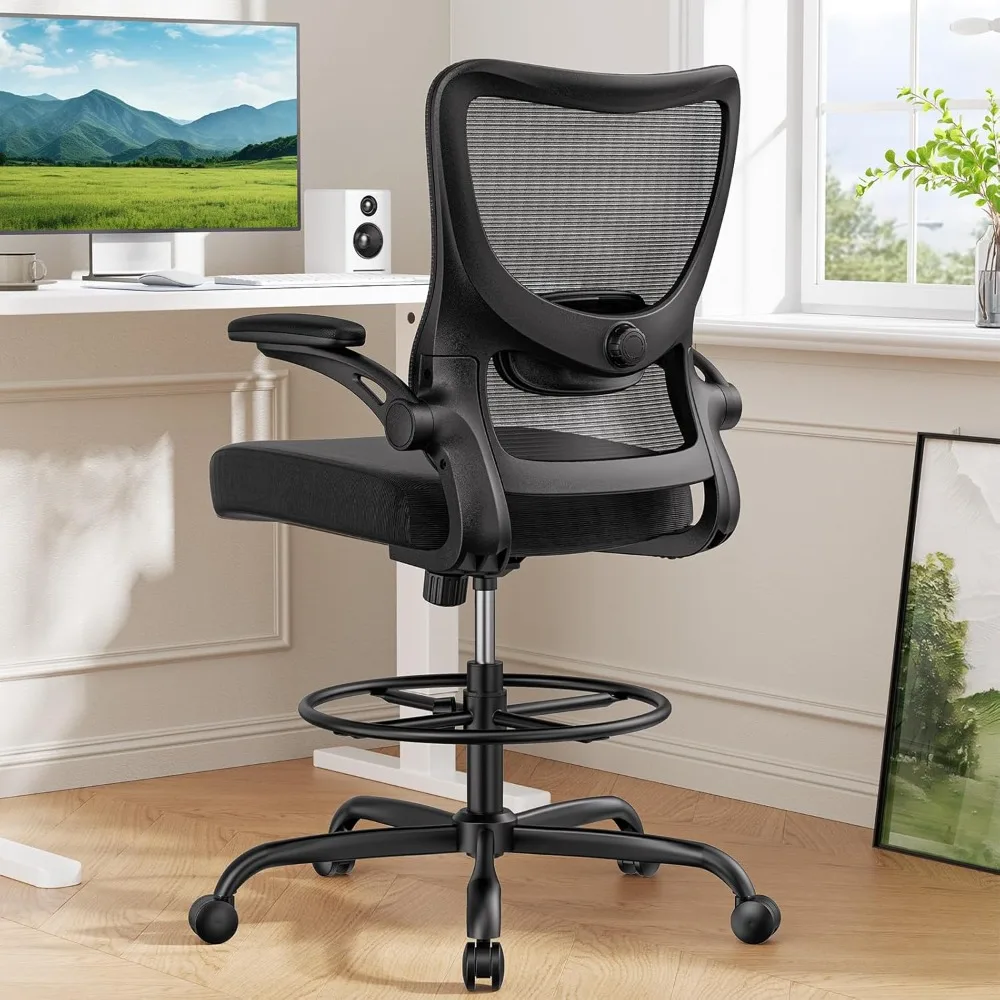 Drafting Chair, Tall Office Chair with 2D Lumbar Support, Standing Desk Chair with Padded Flip-Up Armrests & Adjustable Footres
Drafting Chair, Tall Office Chair with 2D Lumbar Support, Standing Desk Chair with Padded Flip-Up Armrests & Adjustable Footres