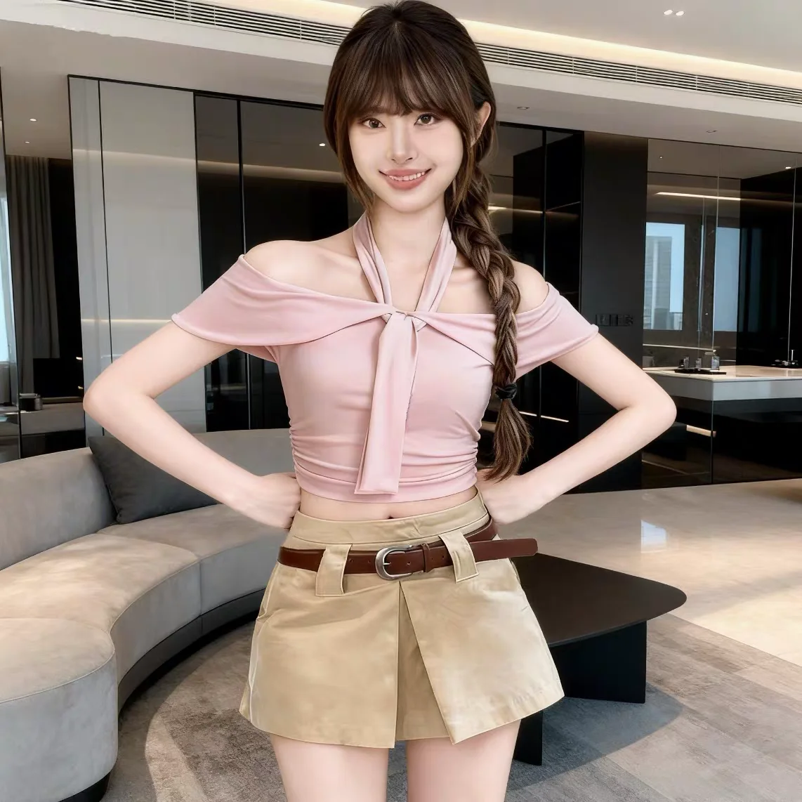 Summer Hot Girl Neck Hanging Shoulder Exposure Slim Short Sleeve T-Shirt High Waist Loose A-Line Shorts Two-Piece Set
Summer Hot Girl Neck Hanging Shoulder Exposure Slim Short Sleeve T-Shirt High Waist Loose A-Line Shorts Two-Piece Set