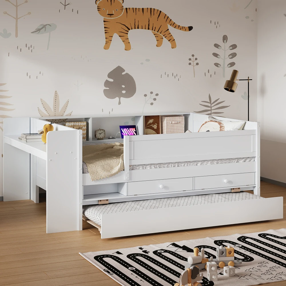 Многофункциональная двуспальная кровать-софа с выдвижными ящиками и выдвижным спальным местом, местом для хранения у изголовья и столиками, USB-станцией для зарядки, белая
Многофункциональная двуспальная кровать-софа с выдвижными ящиками и выдвижным спальным местом, местом для хранения у изголовья и столиками, USB-станцией для зарядки, белая