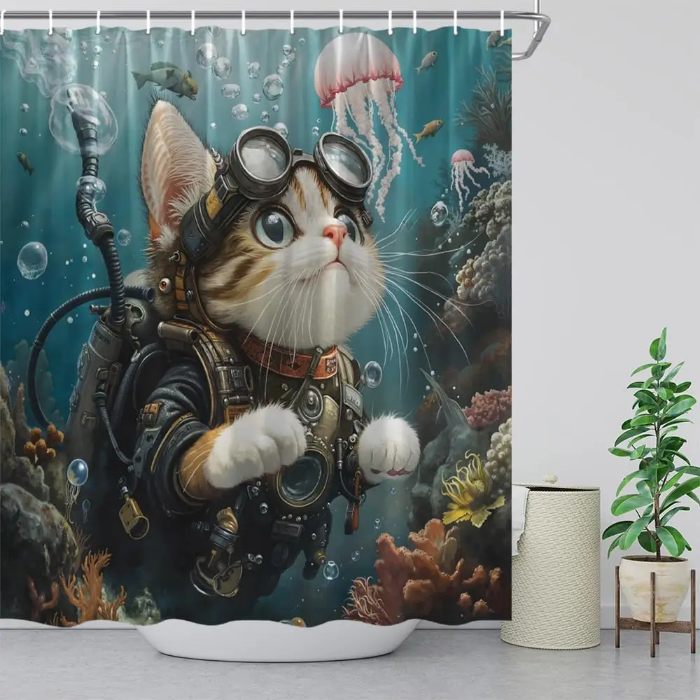 Funny Cat Shower Curtain Swimming in The Ocean Pool Cute Creative Diving Kitty Teal Blue Sea Coral Fish Jellyfish Sealife Cloth
Funny Cat Shower Curtain Swimming in The Ocean Pool Cute Creative Diving Kitty Teal Blue Sea Coral Fish Jellyfish Sealife Cloth