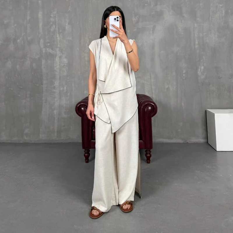 Street Fashion Linen Pants Outfit Spring Women Sleeveless Lace Up Top+High Waist Loose Split Wide Leg Pants Autumn Two Piece Set
Street Fashion Linen Pants Outfit Spring Women Sleeveless Lace Up Top+High Waist Loose Split Wide Leg Pants Autumn Two Piece Set