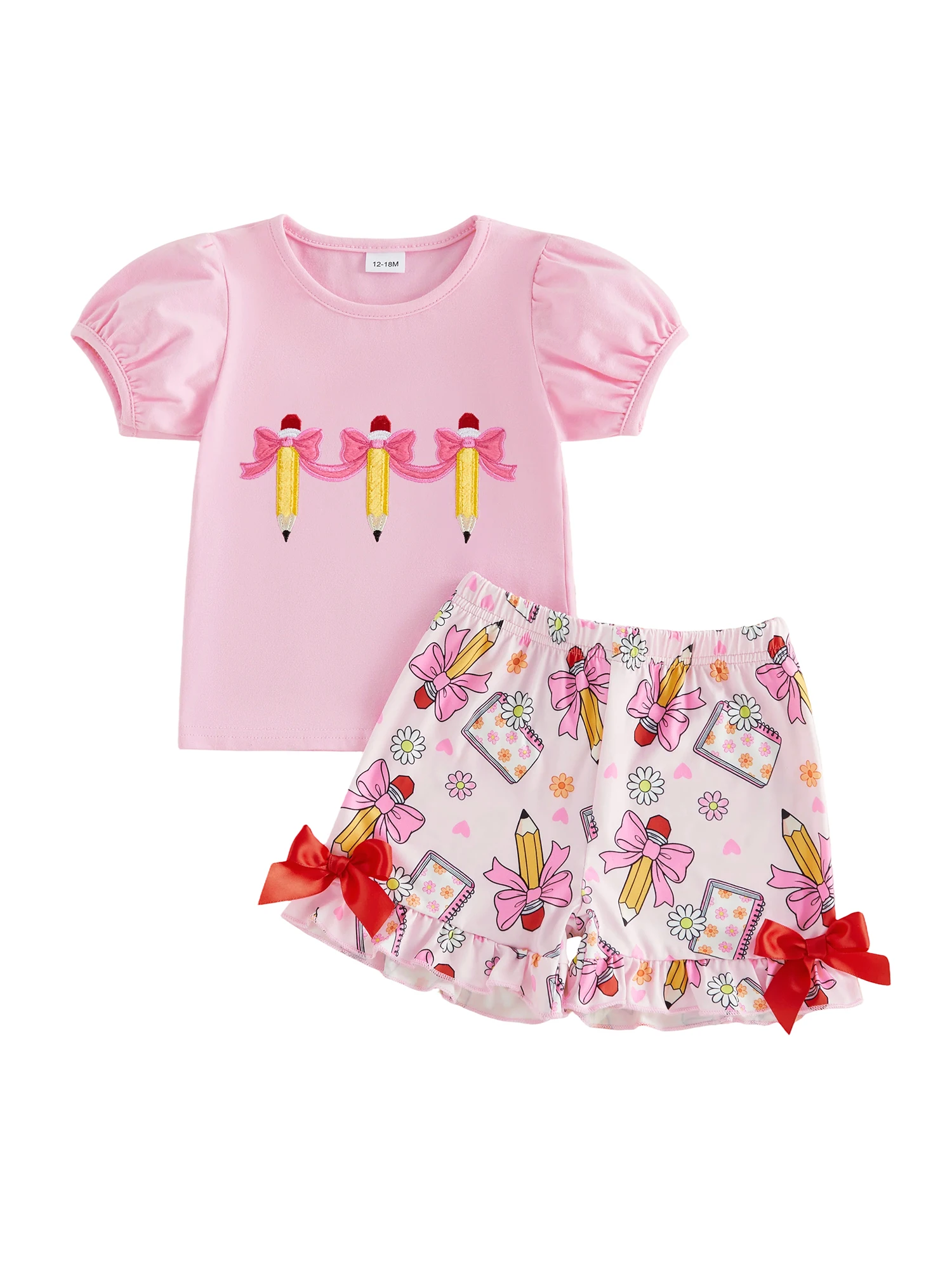 Adorable Toddler Girl Back to School Outfit with Bow Detail Pencil Embroidery Short Sleeve T-Shirts and Elastic Waist Shorts
Adorable Toddler Girl Back to School Outfit with Bow Detail Pencil Embroidery Short Sleeve T-Shirts and Elastic Waist Shorts