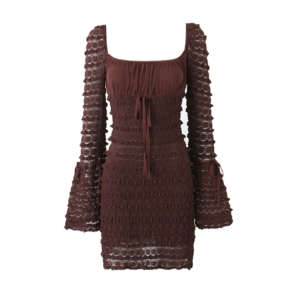 Women Square Neck Long Sleeve Flare Sleeve Maillard Marisa Rich Brown Lace Dress
Women Square Neck Long Sleeve Flare Sleeve Maillard Marisa Rich Brown Lace Dress