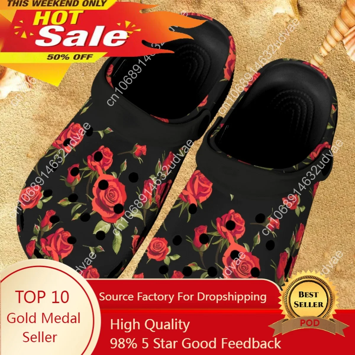 

Red Rose Printing Comfortable Breathable Sandals Female Valentine's Day Anniversary Gift Fashion Casual Indoor Outdoor Slippers
