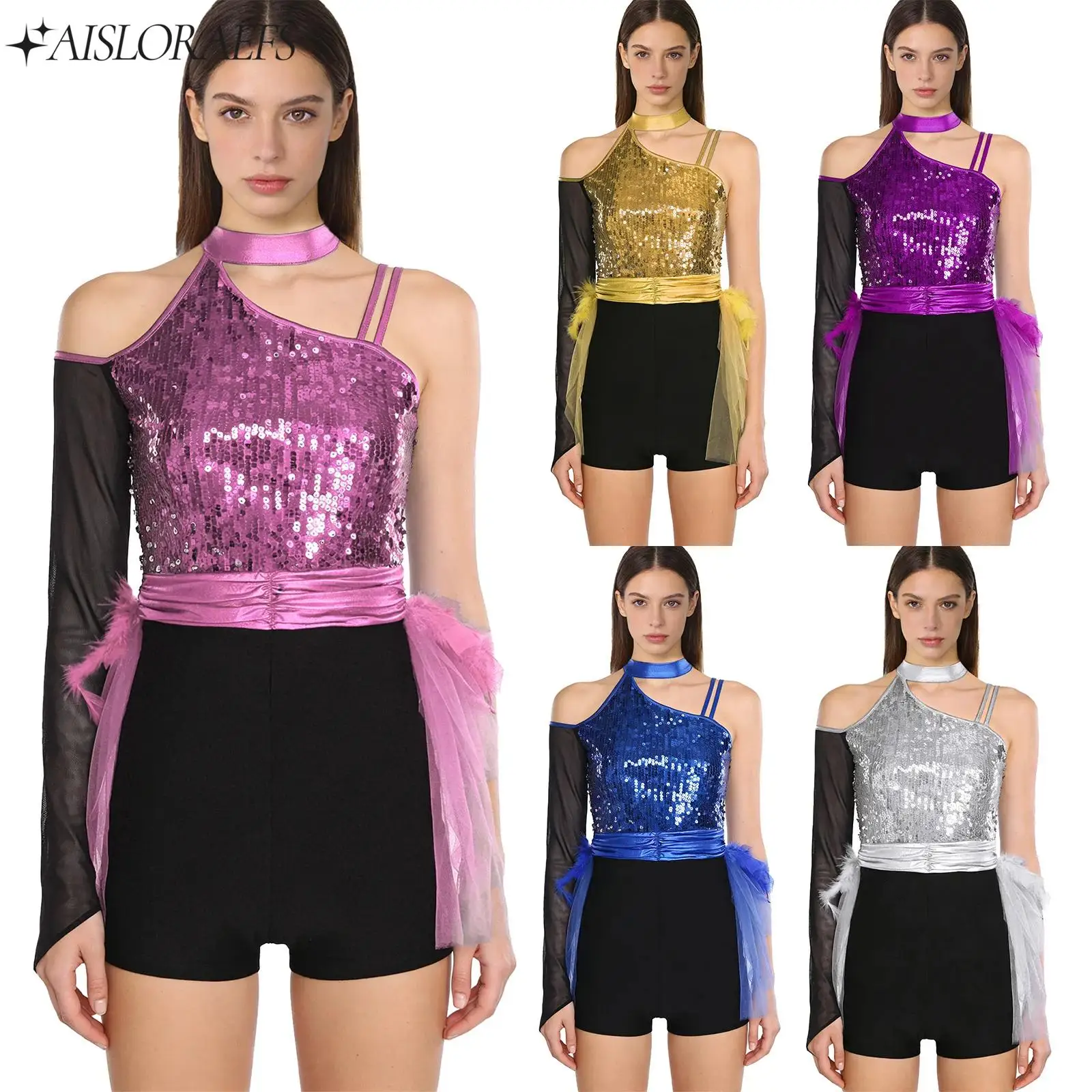 Womens Spanish Dance Bodysuit Latin Chacha Samba Dancewear One Shoulder Long Sleeve Sequin Feather Tulle Hem Rompers Jumpsuit
Womens Spanish Dance Bodysuit Latin Chacha Samba Dancewear One Shoulder Long Sleeve Sequin Feather Tulle Hem Rompers Jumpsuit