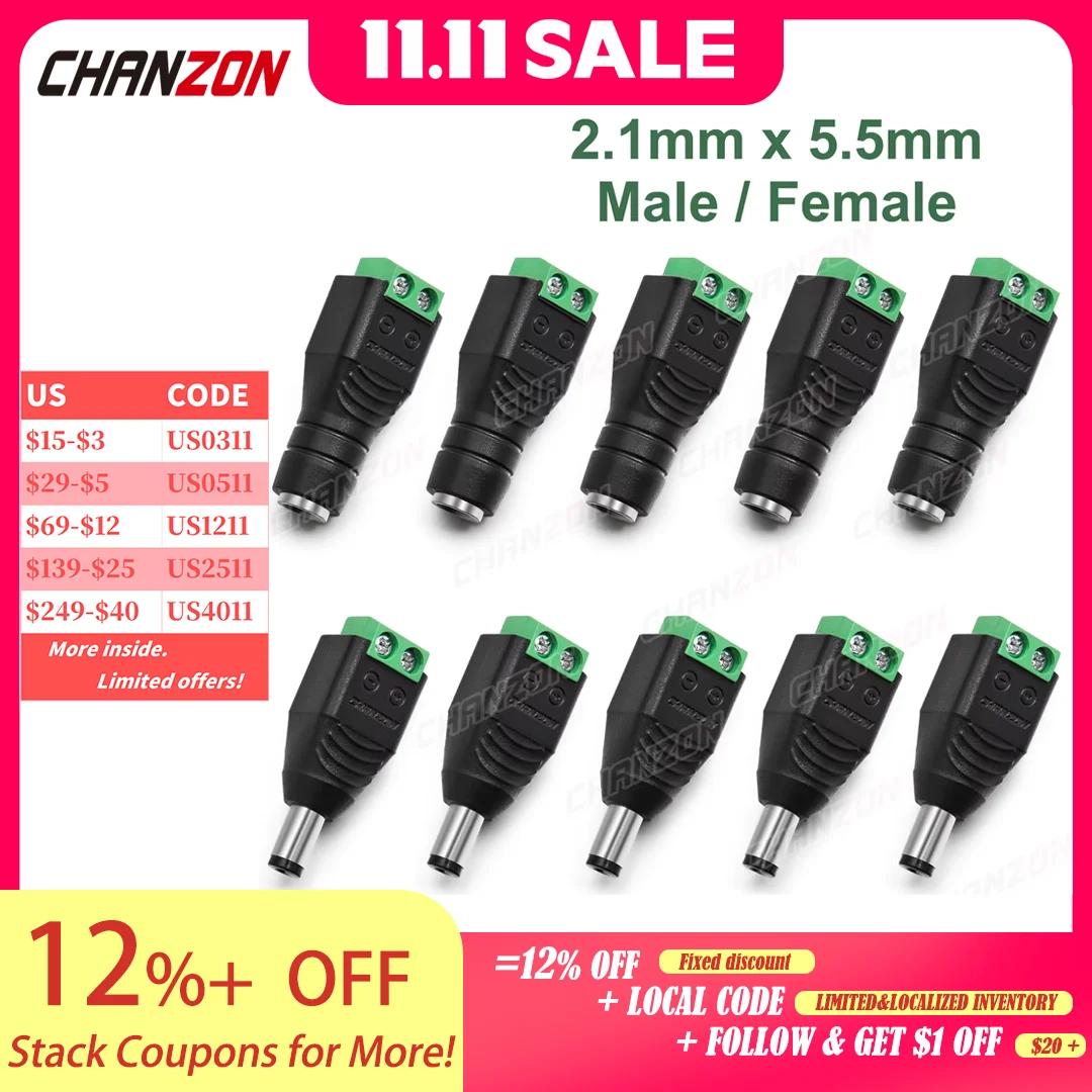 10pcs 12V DC Power Connector Plug Jack Male Female Socket Barrel 2.1mm x 5.5mm Adapter for CCTV Camera LED Strip Supply Terminal
10pcs 12V DC Power Connector Plug Jack Male Female Socket Barrel 2.1mm x 5.5mm Adapter for CCTV Camera LED Strip Supply Terminal