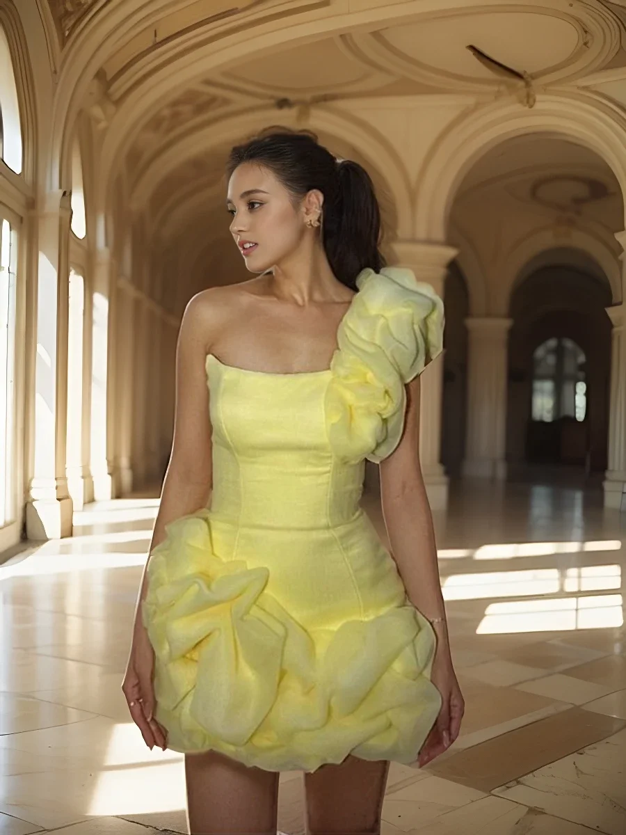 Sexy Sleeveless One Shoulder Women Mini Dresses Elegant Summer Yellow Satin Mesh Ruffles Bodycon Celebrity Evening Party Dress
Sexy Sleeveless One Shoulder Women Mini Dresses Elegant Summer Yellow Satin Mesh Ruffles Bodycon Celebrity Evening Party Dress