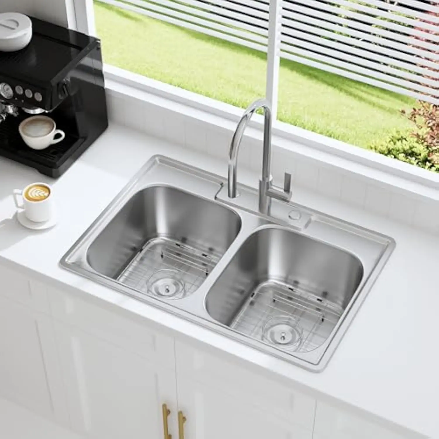 33 英寸 Double Bowl Drop in Kitchen Sink 50/50 Topmounted 304 Stainless Steel 18 Gauge Curved Shape Round Corner Sink with Stra
33 英寸 Double Bowl Drop in Kitchen Sink 50/50 Topmounted 304 Stainless Steel 18 Gauge Curved Shape Round Corner Sink with Stra
