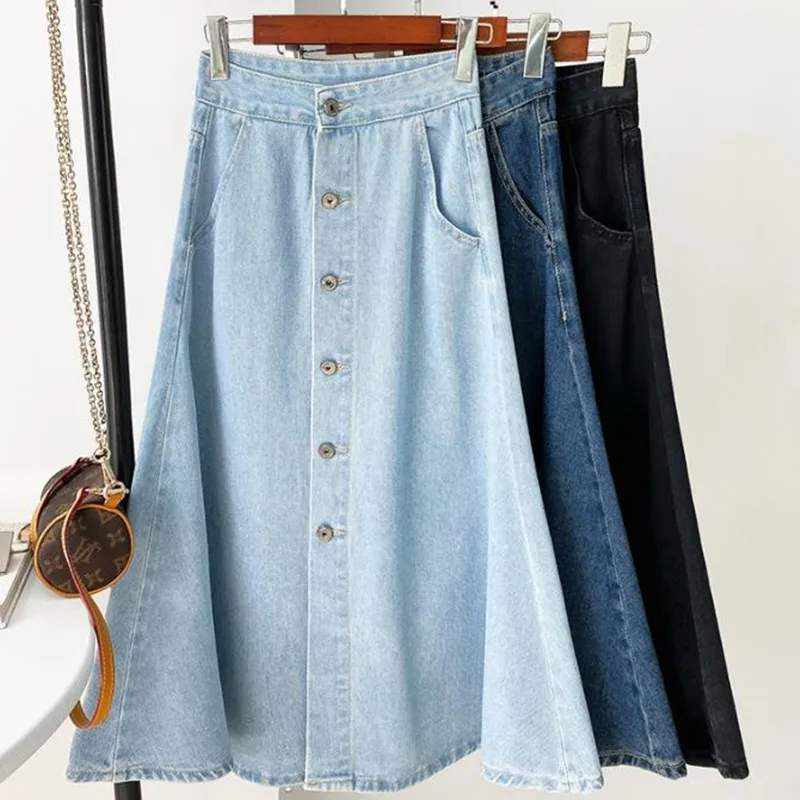 Summer A-line skirt women's high-waisted over-the-knee single-breasted washed light blue long skirt
Summer A-line skirt women's high-waisted over-the-knee single-breasted washed light blue long skirt