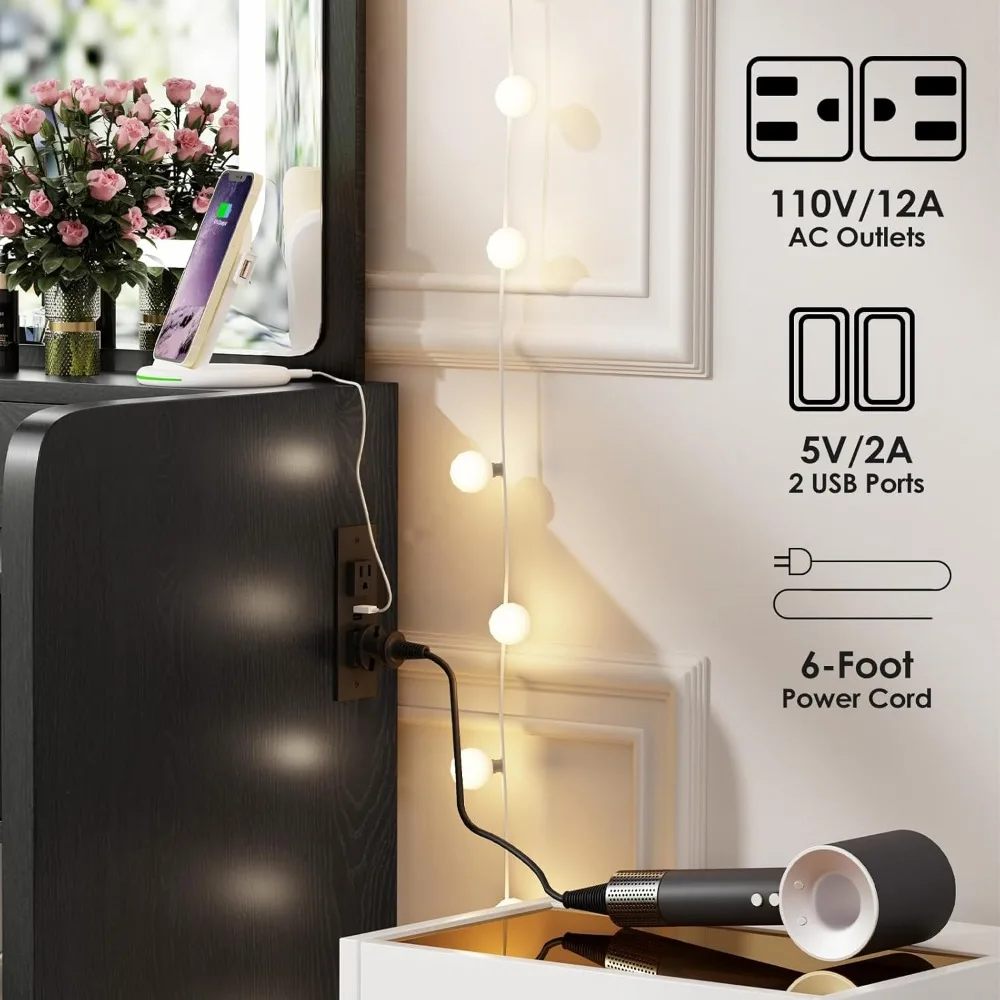 Vanity Desk w/ Large Mirror & Lights - Makeup Table w/ 5 Drawers & Storage Stool" 
Vanity Desk w/ Large Mirror & Lights - Makeup Table w/ 5 Drawers & Storage Stool"