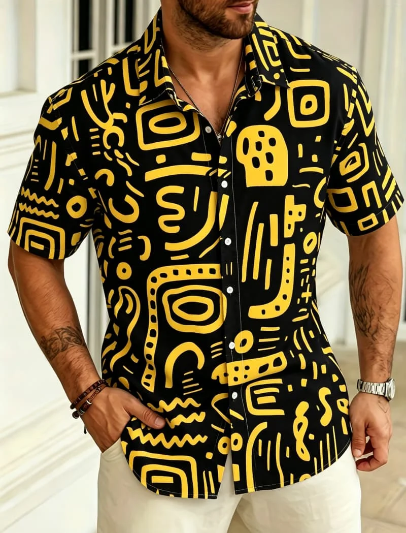 Men's abstract and tribal geometric printed short sleeved button up shirt, suitable for summer vacation and daily leisure
Men's abstract and tribal geometric printed short sleeved button up shirt, suitable for summer vacation and daily leisure