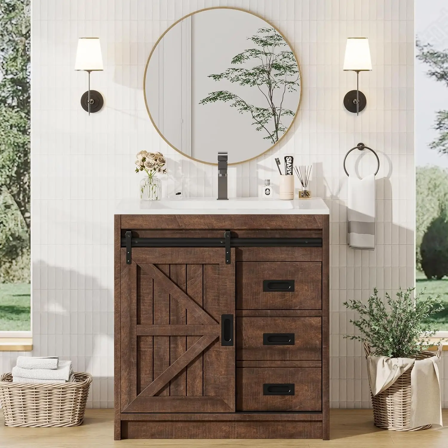 Farmhouse Bathroom Vanity with Sink Combo, 31in Sliding Barn Door Bathroom Vanity Cabinet Set w/ Storage Drawers, Metal Handles
Farmhouse Bathroom Vanity with Sink Combo, 31in Sliding Barn Door Bathroom Vanity Cabinet Set w/ Storage Drawers, Metal Handles