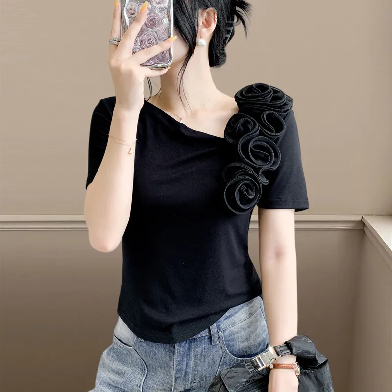 Black,Summer,Korean,Style,Cotton,T-Shirt,Chic,Sexy,Skew collar,Three-dimensional rose,Women,Tops,Short Sleeve,Tees,New,551501
Black,Summer,Korean,Style,Cotton,T-Shirt,Chic,Sexy,Skew collar,Three-dimensional rose,Women,Tops,Short Sleeve,Tees,New,551501