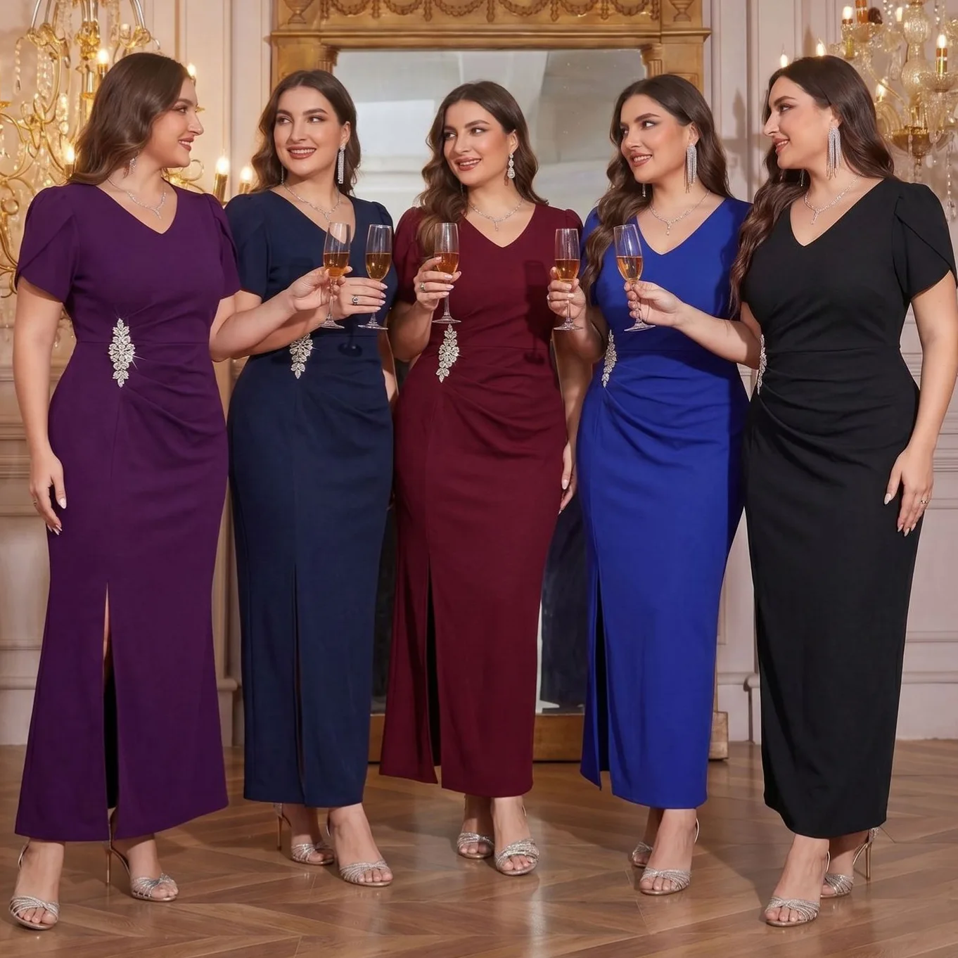 Plus Size Multi Color V Neck Short Sleeve Waist Rhinestone Embellished Slit Midi Formal Evening Mother of Bride Gown
Plus Size Multi Color V Neck Short Sleeve Waist Rhinestone Embellished Slit Midi Formal Evening Mother of Bride Gown