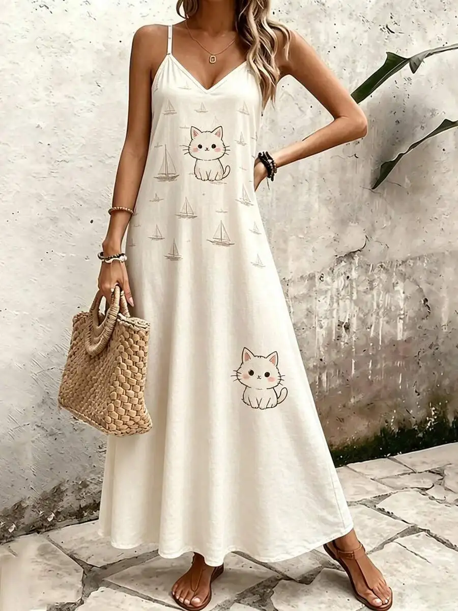 Cat And Sailboat Print Womens Spaghetti Strap Maxi Dress Polyester Lightweight Breathable
Cat And Sailboat Print Womens Spaghetti Strap Maxi Dress Polyester Lightweight Breathable