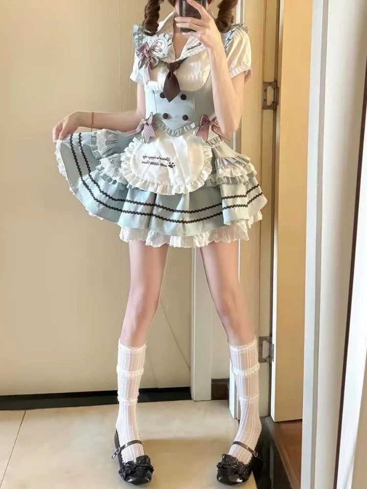 Two Piece Set Women Sweet Lolita Sailor Collar Lace Ruffle Blouse and Pleated Skirt Set Bowknot Elegant Summer Casual Outfit
Two Piece Set Women Sweet Lolita Sailor Collar Lace Ruffle Blouse and Pleated Skirt Set Bowknot Elegant Summer Casual Outfit