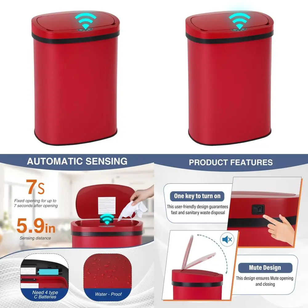 13 Gallon Red Stainless Steel Trash Can with Automatic Touch Lid and Motion Sensor, Waterproof for Kitchen, Office, or Bathroom
13 Gallon Red Stainless Steel Trash Can with Automatic Touch Lid and Motion Sensor, Waterproof for Kitchen, Office, or Bathroom