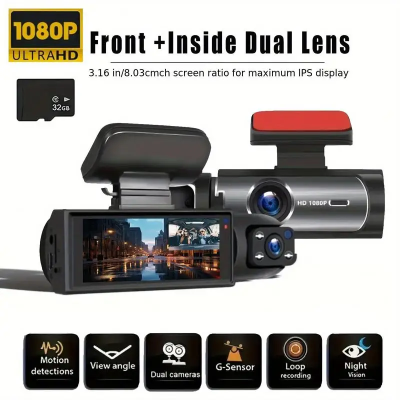 Dash Camera Front And Inside With 32G SD Card, 3.16inch Dash Cam 1080P, G Sensor HD Night Vision Loop Recording Wide Angle
Dash Camera Front And Inside With 32G SD Card, 3.16inch Dash Cam 1080P, G Sensor HD Night Vision Loop Recording Wide Angle