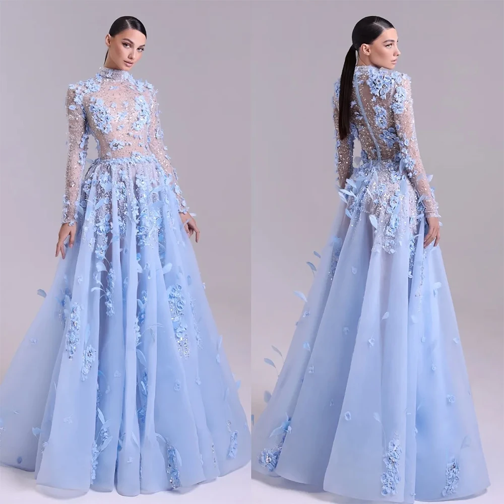 Exquisite Light Blue Evening Dress Formal Long Sleeve High Neck Floor Length Dress Elegant Feathers Appliques Beading Gowns
Exquisite Light Blue Evening Dress Formal Long Sleeve High Neck Floor Length Dress Elegant Feathers Appliques Beading Gowns