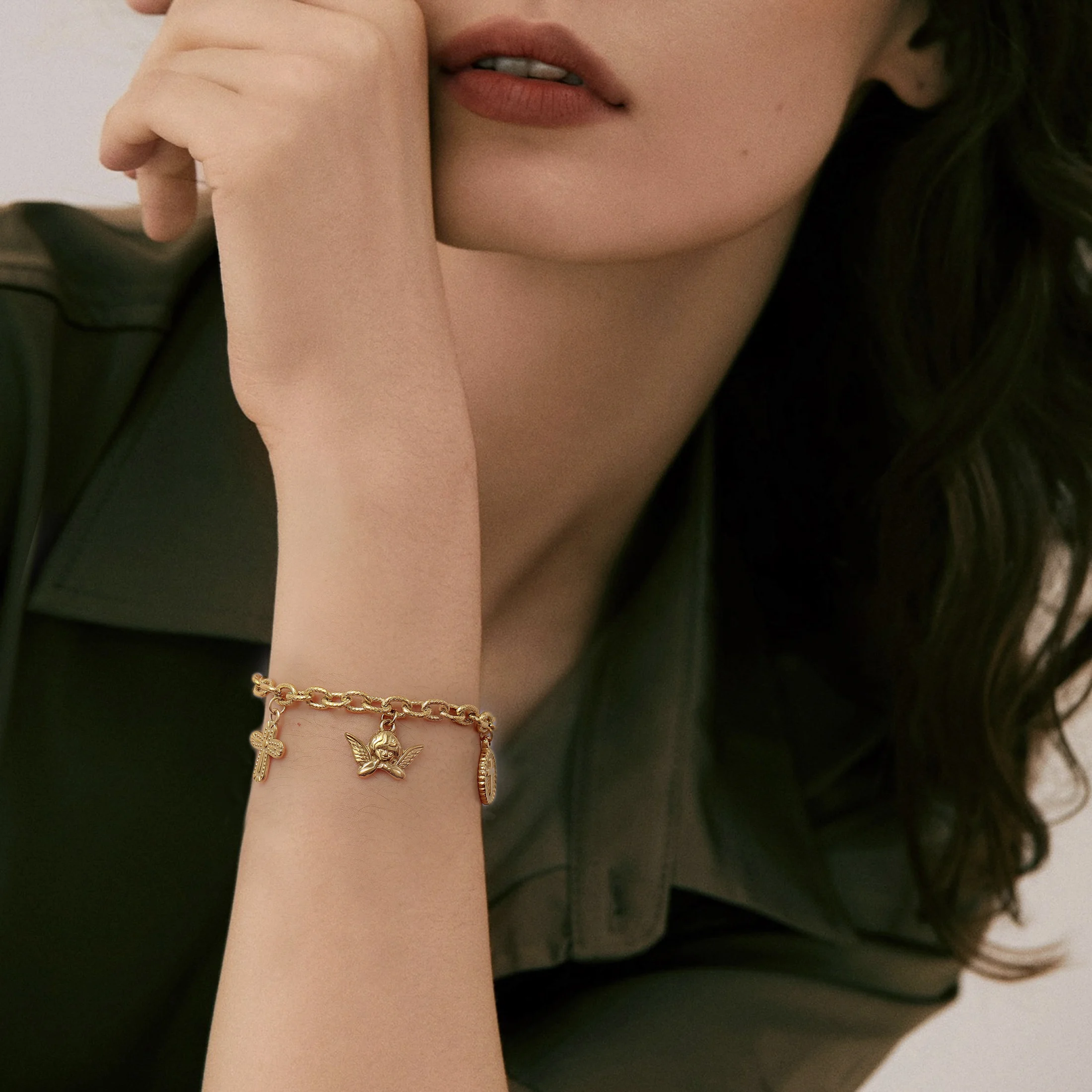 Golden Tone Stainless Steel Charm Bracelet with Cross and Angel Pendants for Women
Golden Tone Stainless Steel Charm Bracelet with Cross and Angel Pendants for Women