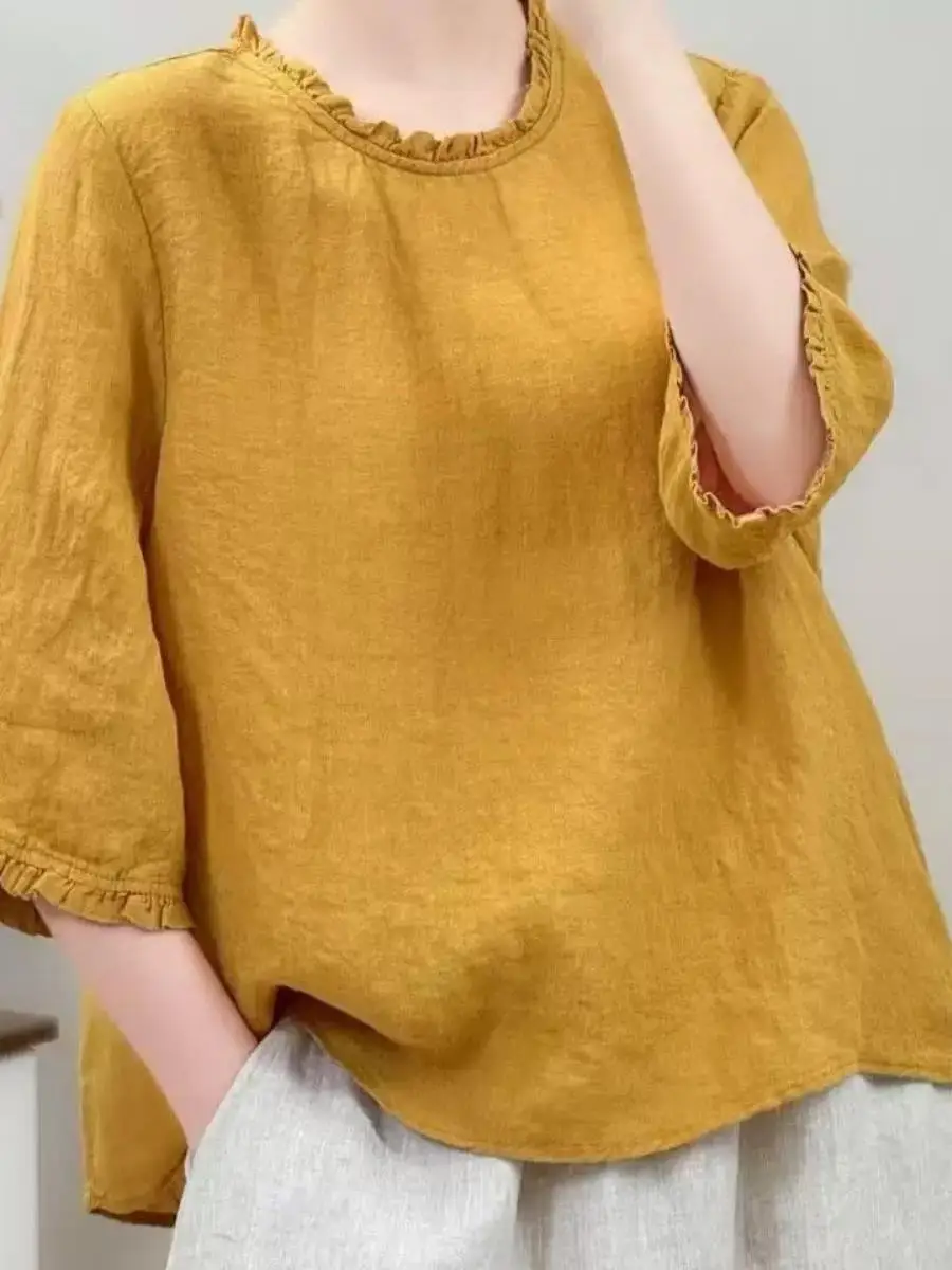 Linen Five-Quarter Sleeve T-Shirt Shirt Women Summer round Neck Retro Artistic Cotton-Linen Blend Cool Mid-Sleeve Top
Linen Five-Quarter Sleeve T-Shirt Shirt Women Summer round Neck Retro Artistic Cotton-Linen Blend Cool Mid-Sleeve Top