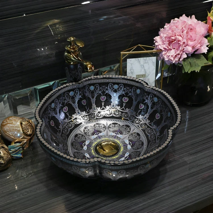 &y Black Ceramic Wash Basin Bathroom Vanity Vessel Sinks Flower Shape Above Counter Bowl Sink Art Basin with Nice Pattern
&y Black Ceramic Wash Basin Bathroom Vanity Vessel Sinks Flower Shape Above Counter Bowl Sink Art Basin with Nice Pattern