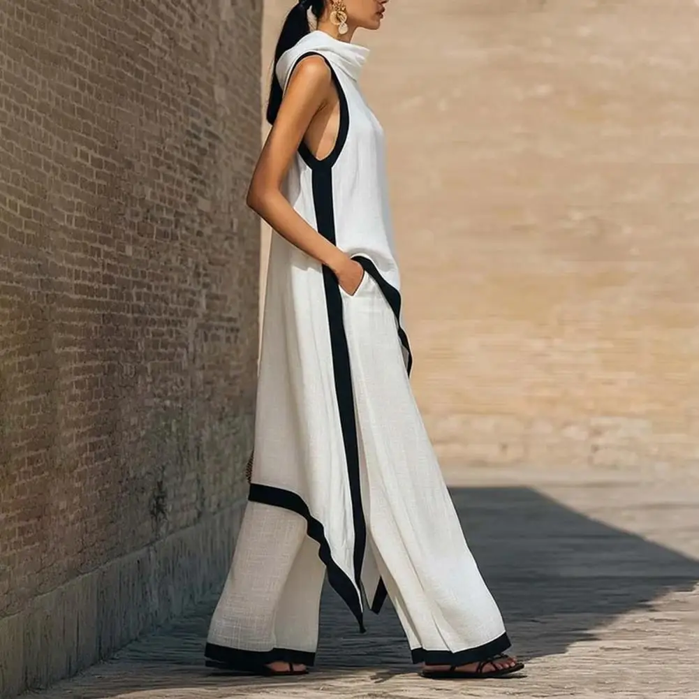 Women Elegant Block Cotton Linen Two-Piece Outfit Asymmetrical Hem Mock Neck Sleeveless Top Wide-Leg Pants Vacation Lounge Sets
Women Elegant Block Cotton Linen Two-Piece Outfit Asymmetrical Hem Mock Neck Sleeveless Top Wide-Leg Pants Vacation Lounge Sets