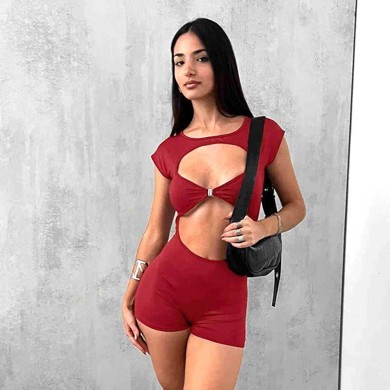 2025 New Solid Metal Buckle Hollow Out Lace Up Backless Playsuits Women Sexy O-neck Short Sleeve Skinny Fitness Rompers Overalls
2025 New Solid Metal Buckle Hollow Out Lace Up Backless Playsuits Women Sexy O-neck Short Sleeve Skinny Fitness Rompers Overalls