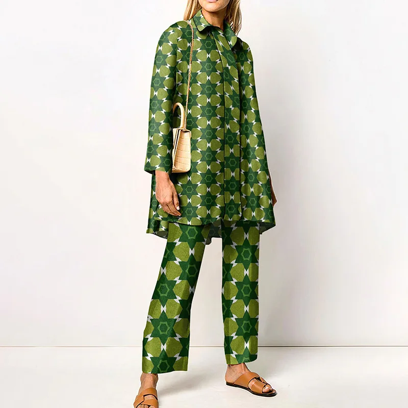 Geometric Print Two Piece Outfit Long Sleeve Shirt and Wide Leg Pants Co-ord Set Casual Loose Fit Matching Set for Women
Geometric Print Two Piece Outfit Long Sleeve Shirt and Wide Leg Pants Co-ord Set Casual Loose Fit Matching Set for Women