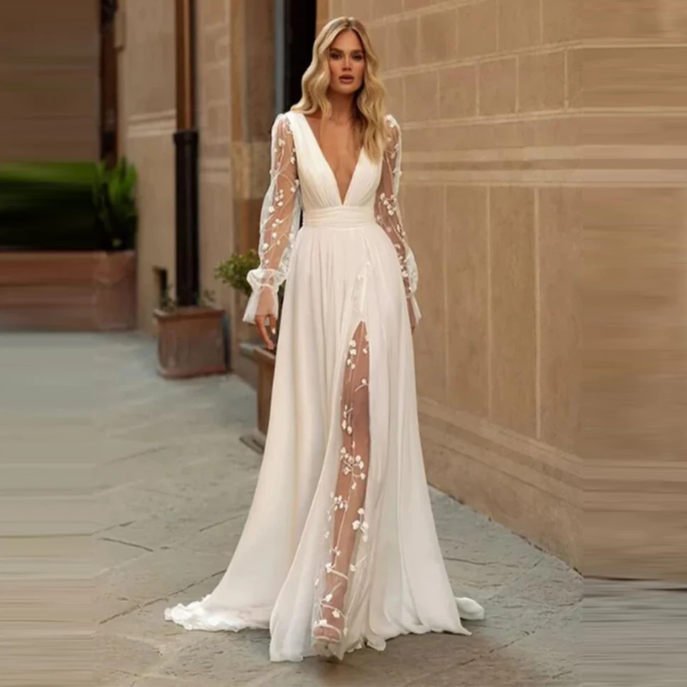 Sexy Wedding Dresses Deep V-Neck Long Sleeves Bridal Gowns Elegant Lace Appliques A-Line Sweep Train Chiffon Bride Dress 2024
Sexy Wedding Dresses Deep V-Neck Long Sleeves Bridal Gowns Elegant Lace Appliques A-Line Sweep Train Chiffon Bride Dress 2024