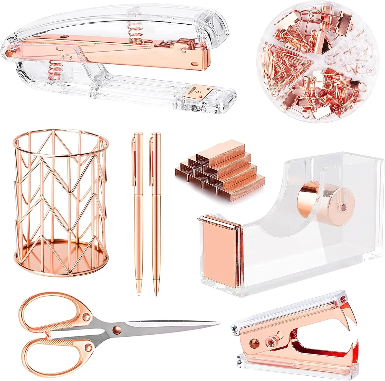 Rose Gold Desk Accessories Set, Acrylic Stapler with Staple Remover, Tape Holder, Pens, Scissors, Binder Clips & 1000 Staples
Rose Gold Desk Accessories Set, Acrylic Stapler with Staple Remover, Tape Holder, Pens, Scissors, Binder Clips & 1000 Staples
