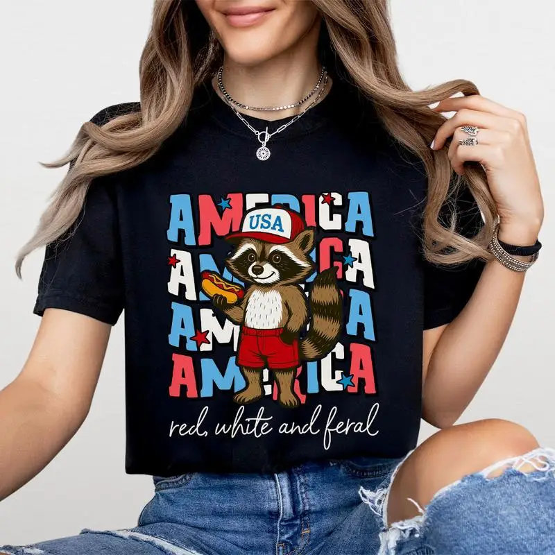 Women's Funny Patriotic T-Shirt | "Red White & Feral" Raccoon Graphic Tee | 4th of July Summer BBQ Gift Top
Women's Funny Patriotic T-Shirt | "Red White & Feral" Raccoon Graphic Tee | 4th of July Summer BBQ Gift Top