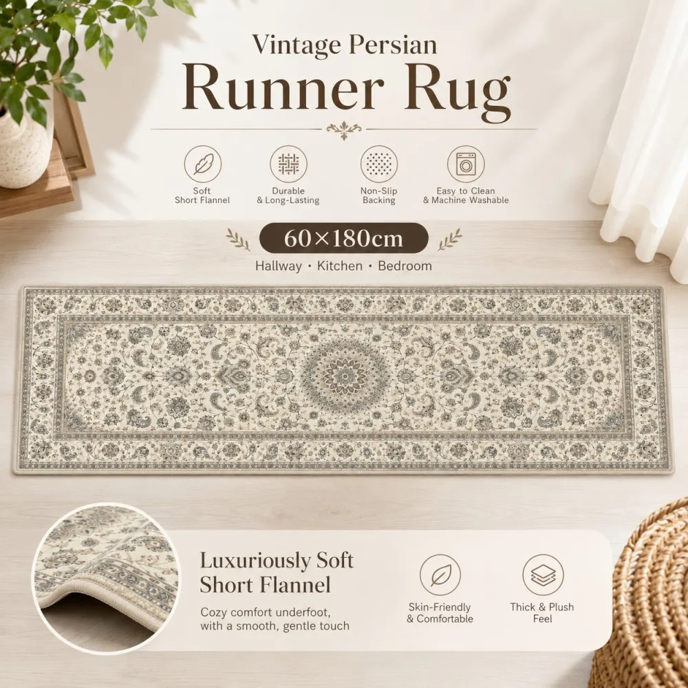 ESRBSO Vintage Persian Runner Rug Short Flannel Kitchen Mat Long Hallway Carpet Soft Floral Non Slip Entryway Bedroom Floor Rug
ESRBSO Vintage Persian Runner Rug Short Flannel Kitchen Mat Long Hallway Carpet Soft Floral Non Slip Entryway Bedroom Floor Rug