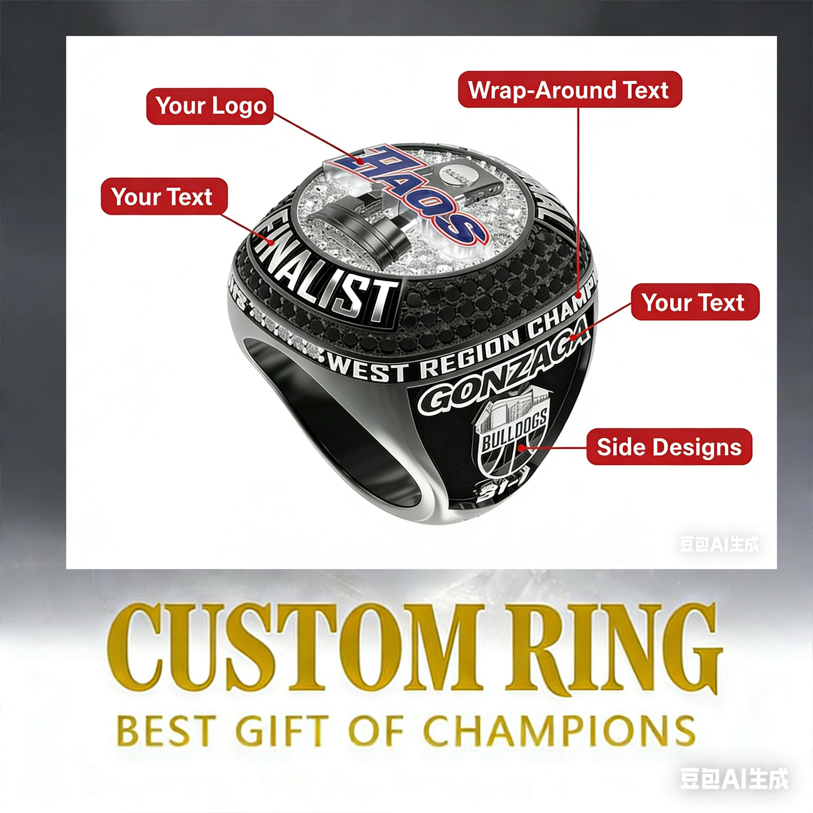 Customized commemorative rings for college sports event champions, personalized design of school logos and player names, and gif
Customized commemorative rings for college sports event champions, personalized design of school logos and player names, and gif