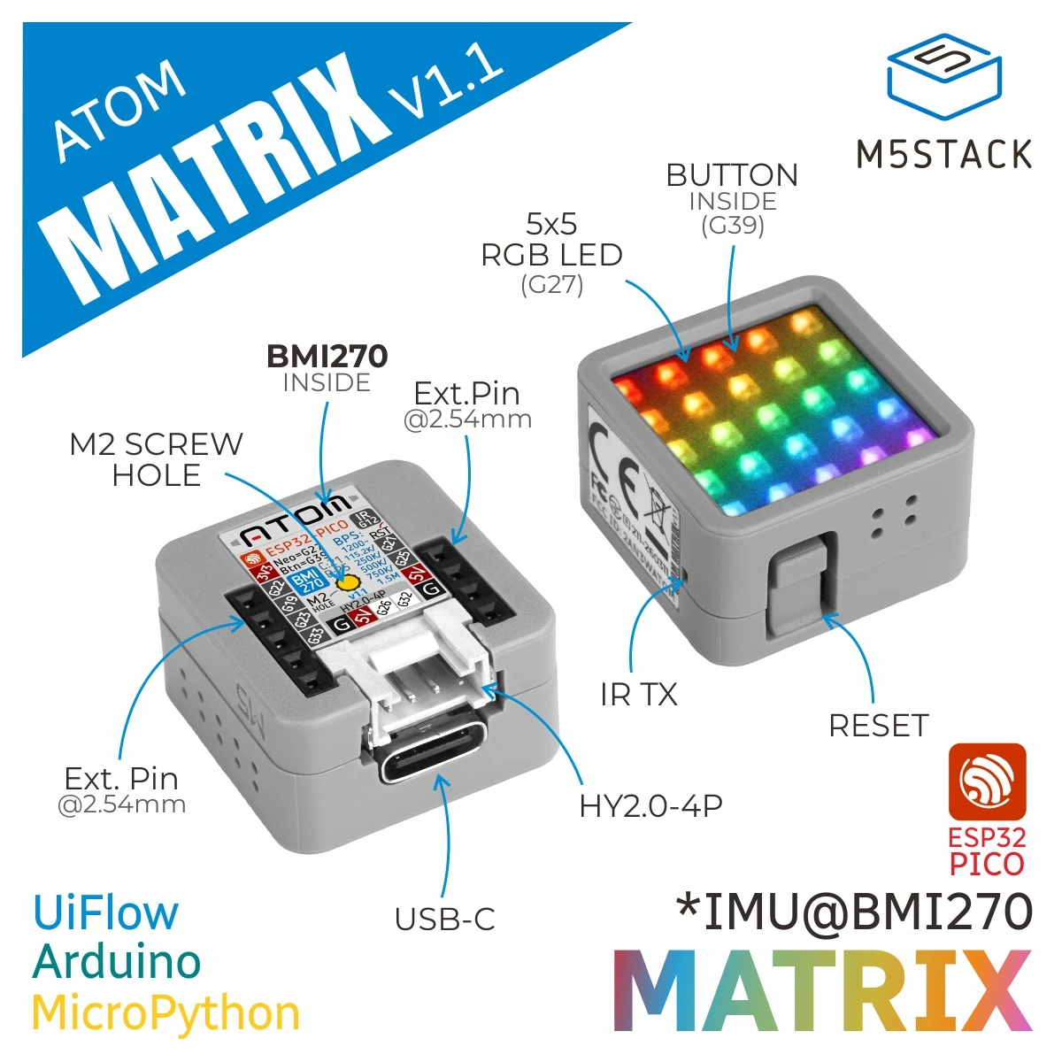 Официальный комплект для разработки M5Stack Atom-Matrix v1.1 ESP32
Официальный комплект для разработки M5Stack Atom-Matrix v1.1 ESP32