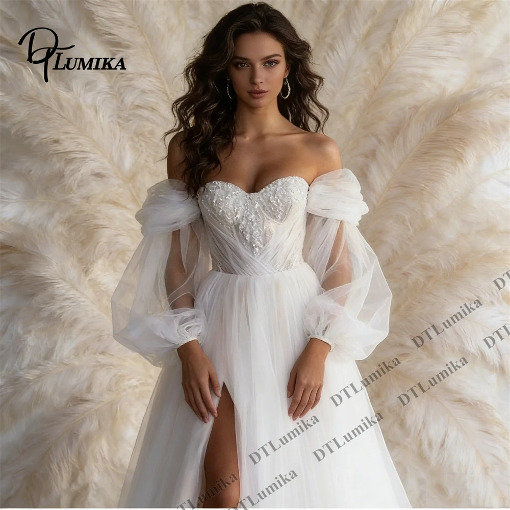 Sweetheart Tulle A Line Bride Dress with Off the Shoulder Sleeves Long Wedding Dresses High Side Split Simple Bridal Gown
Sweetheart Tulle A Line Bride Dress with Off the Shoulder Sleeves Long Wedding Dresses High Side Split Simple Bridal Gown